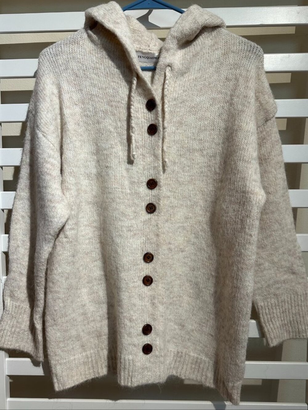 Fengqiaoman Women's 0XL Cream Hooded Knit Cardigan